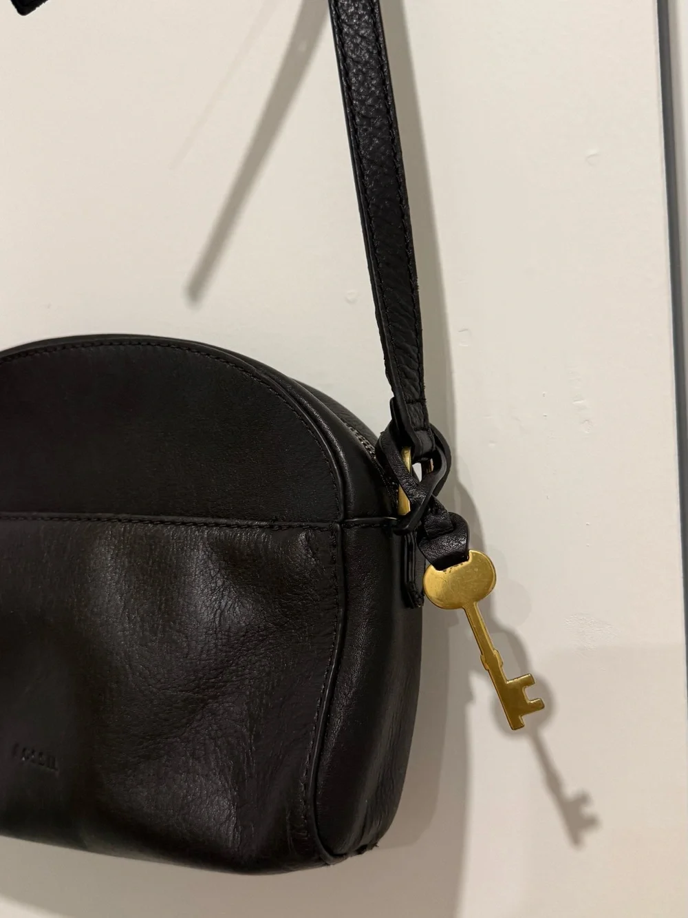 Fossil Black Leather Crossbody Bag with Key Charm